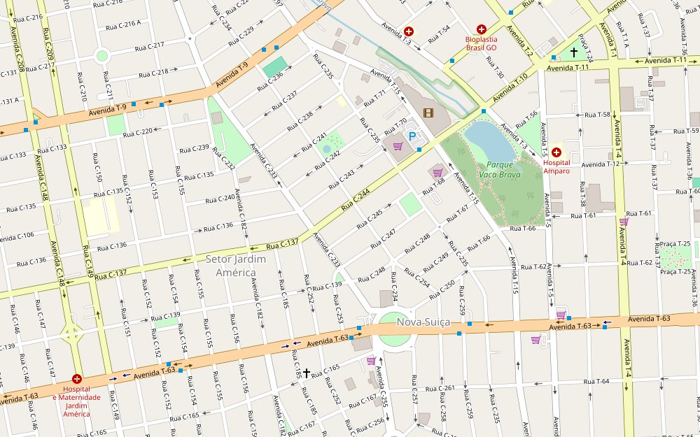 Mapa do bairro Jardim América, em Goiânia, com a Rua C-244, o Goiânia Shopping e o Parque Vaca Brava